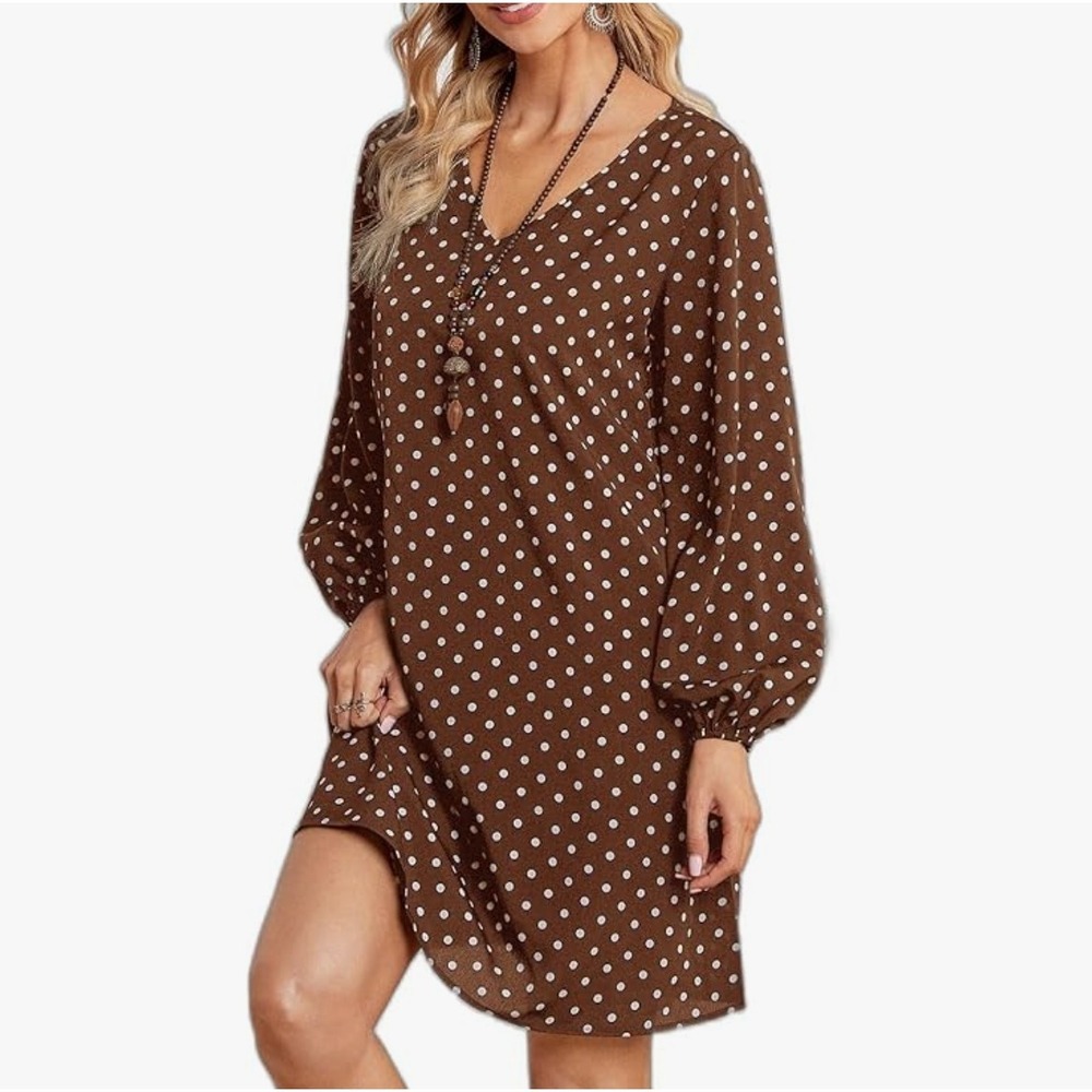 EMERY ROSE Brrown Polka Dot Lantern Sleeve Dress Women Small